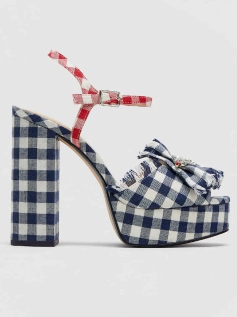 Zara Blue Red White Bejeweled Country 4th of July Gingham Platform Heels Size 38 - Picture 4 of 7